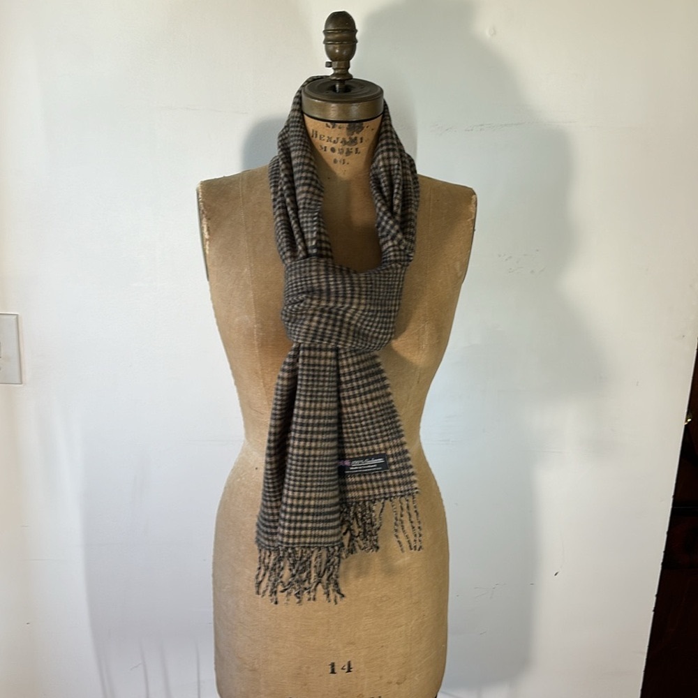 Unisex mens cashmere tan black houndstooth plaid scarf